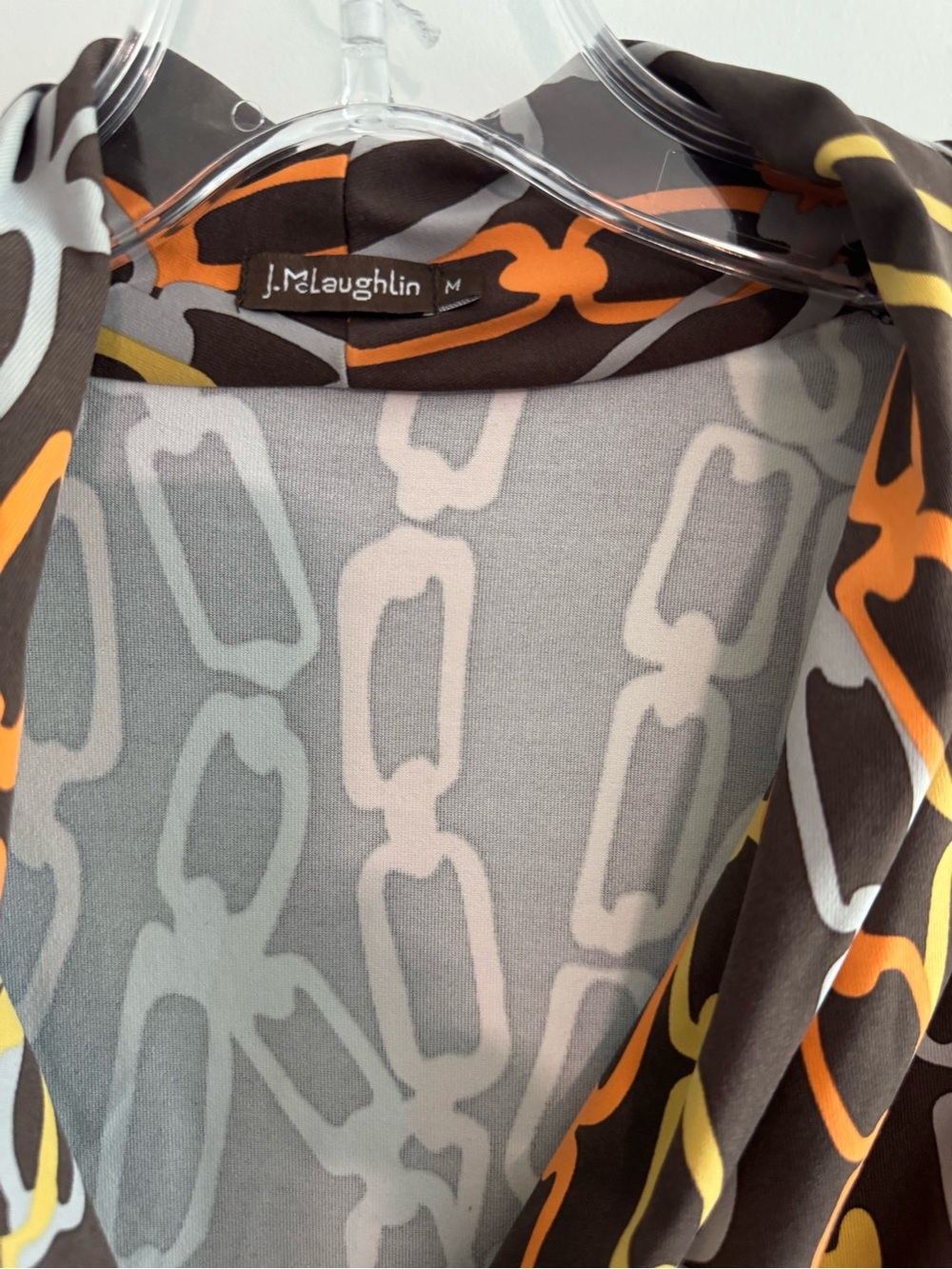 Chain-Link Print Wrap Dress in Orange, Yellow & Gray - Picture 4 of 4